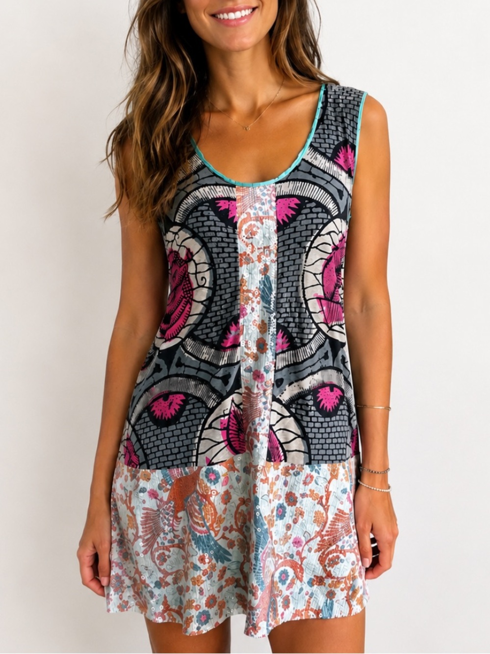 Custo Barcelona Y2K Patchwork Sleeveless Tunic Dress Sequin Boho Art Print S/M
